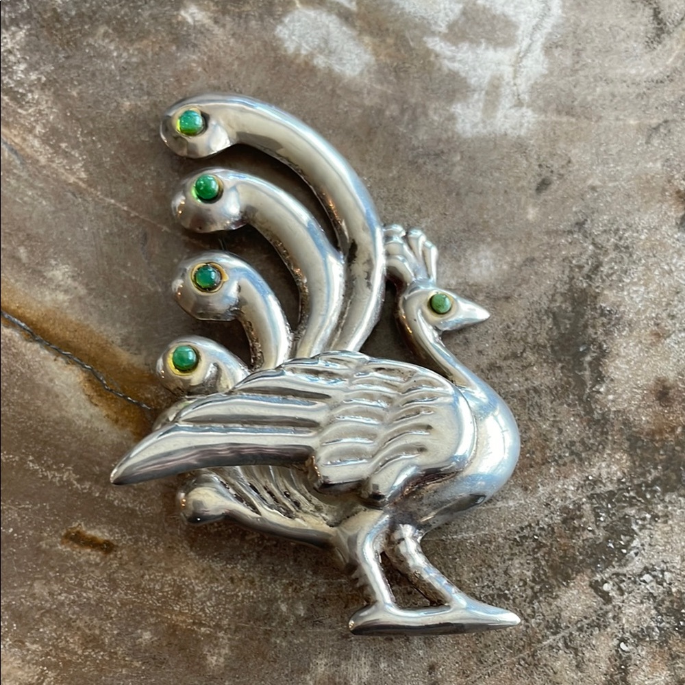 Vintage Silver Peacock Brooch with Green Accents